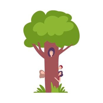 People Hiding Behind Green Tree, Man Peeking out of Hollow Illustration vector