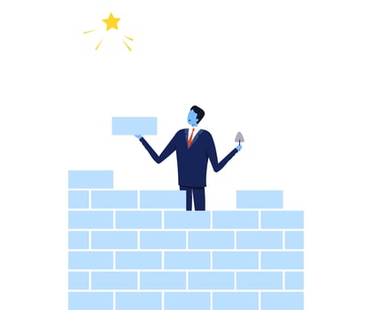 Successful Businessman Building Brick Wall Trying to Reach the Star, Path to Success, Leadership Illustration vector