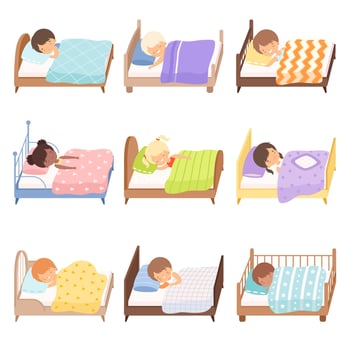 Cute Little Kids Sleeping Sweetly in their Beds Collection Illustration vector