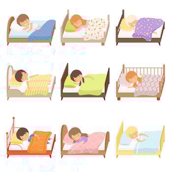 Collection of Cute Little Boys and Girls Sleeping Sweetly in their Beds under Blankets Illustration vector