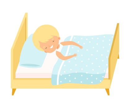 Cute Smiling Blond Little Boy Sleeping Sweetly in His Bed under Blanket Illustration vector
