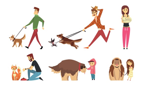 Cute Pets and their Owners Set, People Walking, Feeding, Caring and Stroking their Cats and Dogs Cartoon Illustration vector