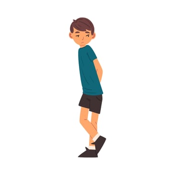 Cute Unhappy Boy, Sad Child in Black Shorts and Blue Tshirt Illustration vector