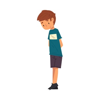 Unhappy Boy Standing with Bowed Head, Cute Sad Child in Shorts and Tshirt Illustration vector