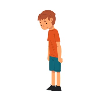 Unhappy Boy, Cute Child with Sad Face Wearing Shorts and Tshirt Illustration vector