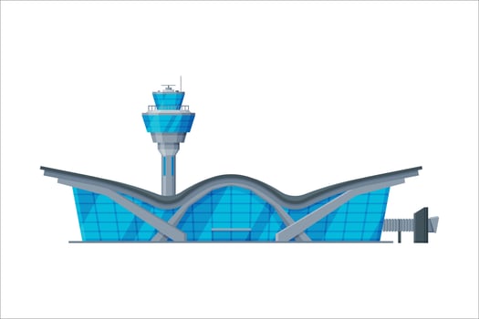 Airport Terminal with Control Tower, Air Public Transport Building, Modern Aerodrome or Transport Hub Flat Illustration vector