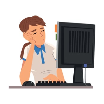 Bored Man Working with Computer, Lazy Male Employee Procrastinating at Workplace, Unmotivated or Unproductive Manager Character Illustration vector