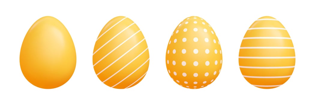 Cartoon 3d Easter egg set - yellow solid colors oval shapes, polka dots and striped patterns. vector