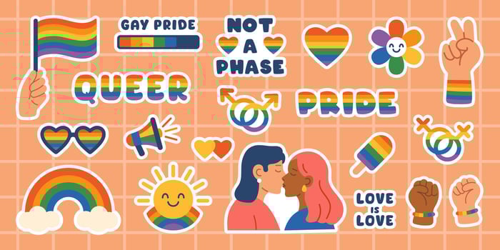 LGBT pride month sticker pack. Colorful cute modern collection of LGBTQ Pride elements. Gay pride rainbow flags and signs. Gay community sticker set in rainbow colors. Lesbian girls. vector