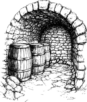 Rustic stone cellar featuring three wooden barrels inside vector