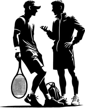Male Tennis Player And Coach Talking, Black And White Tennis Silhouette vector