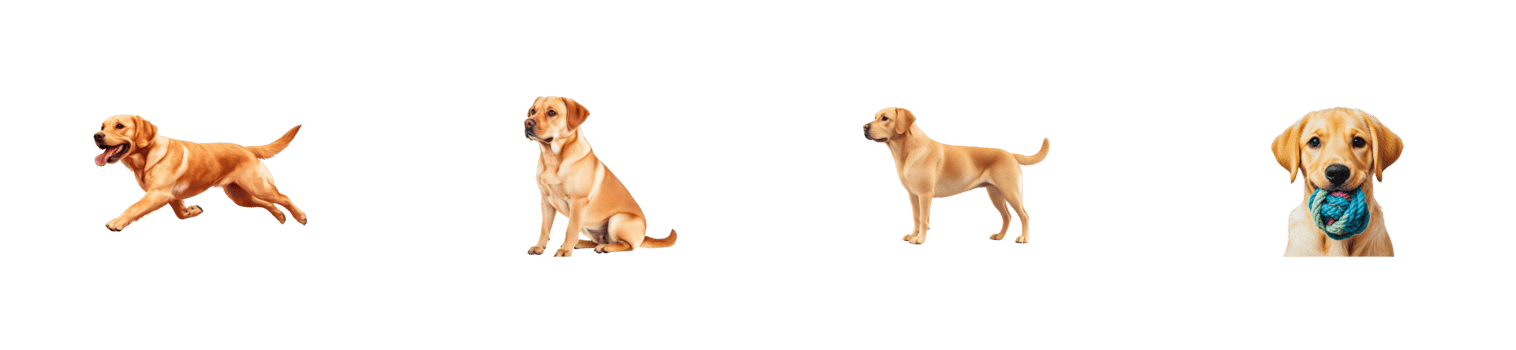 Four Labrador Retriever dogs poses collection, cut out transparent png