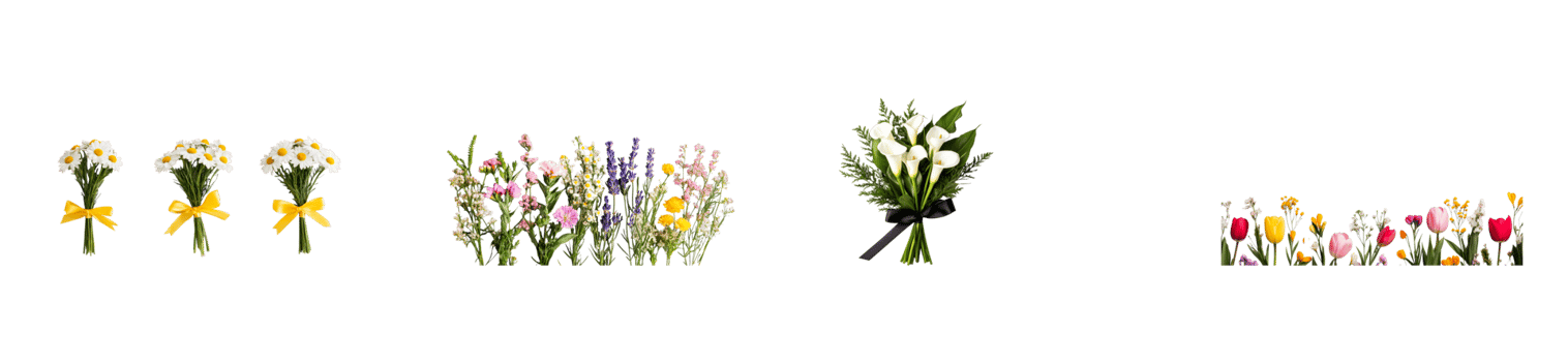Variety of flower arrangements in different styles, cut out transparent png