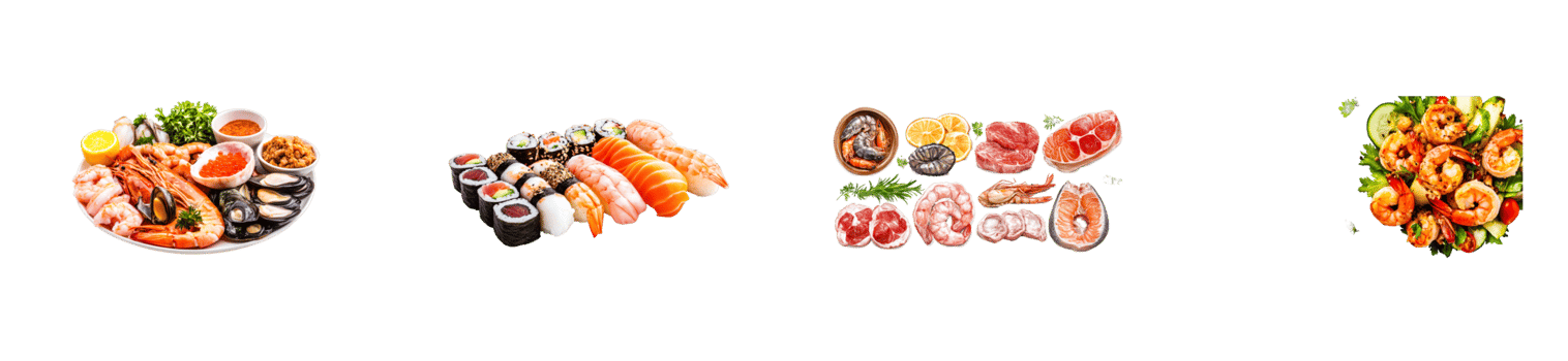 Seafood platter, sushi set, meat assortment and salad, cut out transparent png