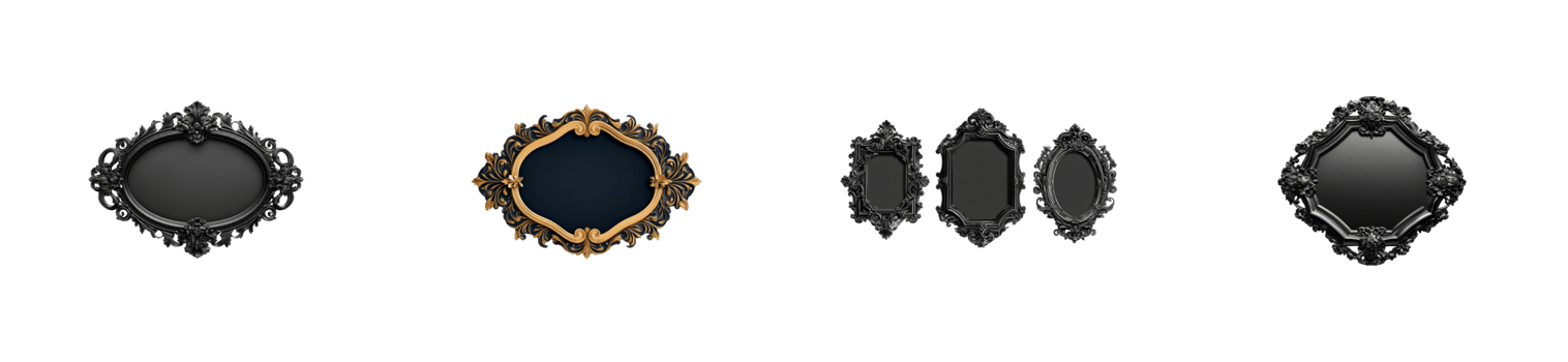 Collection of ornate, luxurious mirrors with detailed carvings, cut out transparent png