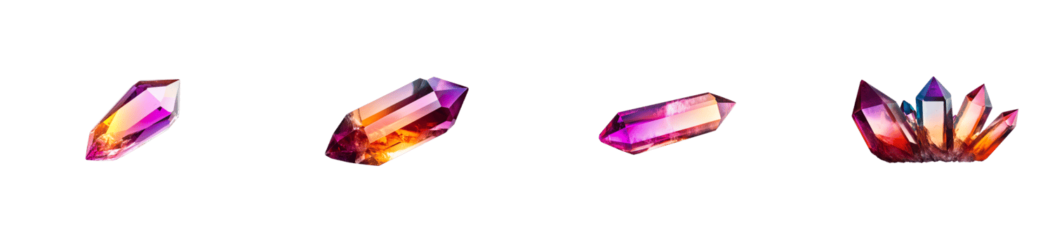 Colorful crystal formations isolated on black background, cut out transparent png