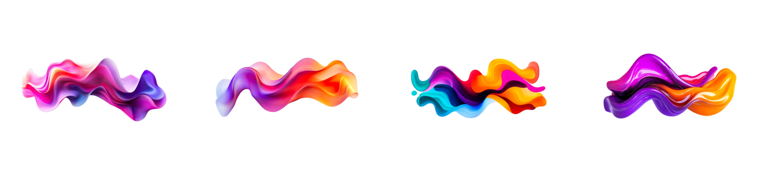 Abstract colorful wavy flow fluid shapes, decorative elements, cut out transparent png