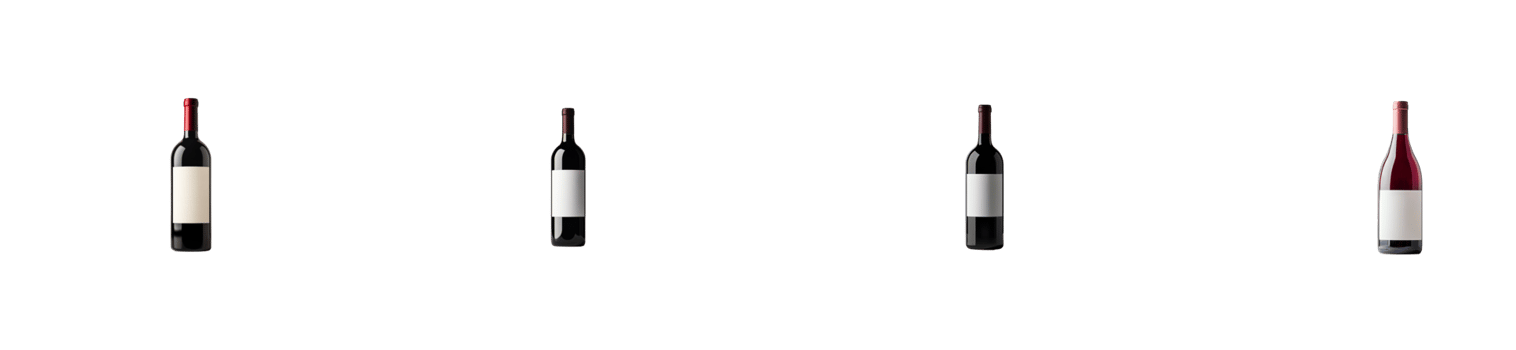 Four different wine bottles with blank labels, cut out transparent png