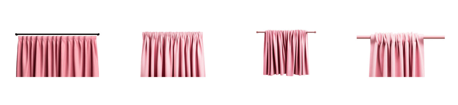 Pink textile curtains types on poles, decoration render, cut out transparent png