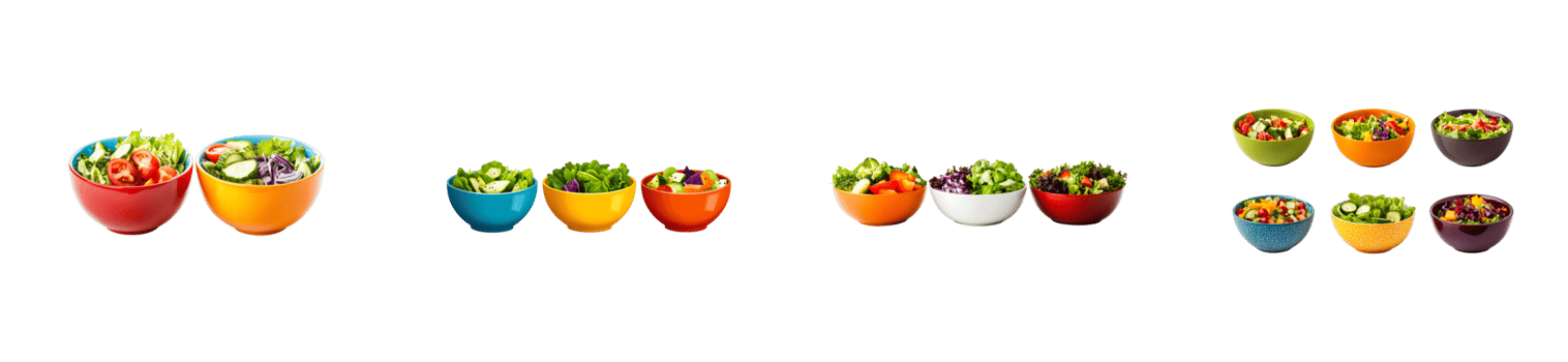 Bowls of fresh salads isolated on black background, cut out transparent png