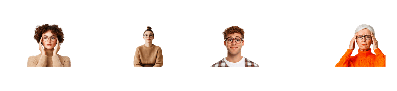 Various emotive faces, eyeglasses, diverse people, cut out transparent png