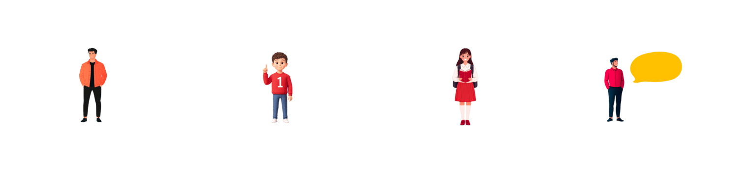 Young people stand in a row, talk with speech bubble, cut out transparent png