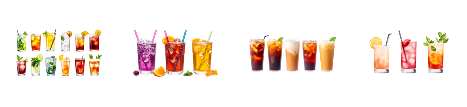 Assorted refreshing cocktails and drinks, cut out transparent png