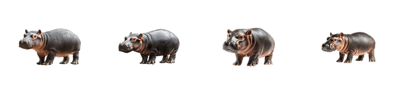Miniature hippopotamus set in a row, cute mammals, cut out transparent png