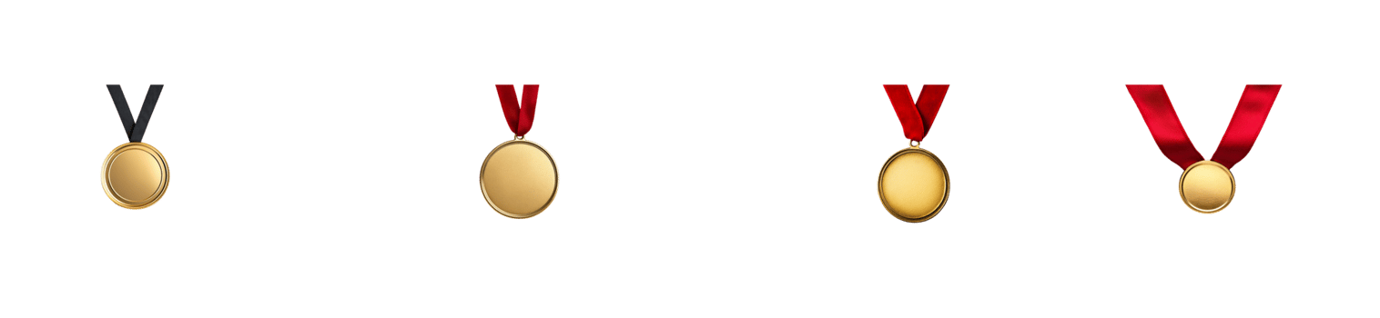 Set of golden medals with different ribbons, cut out transparent png