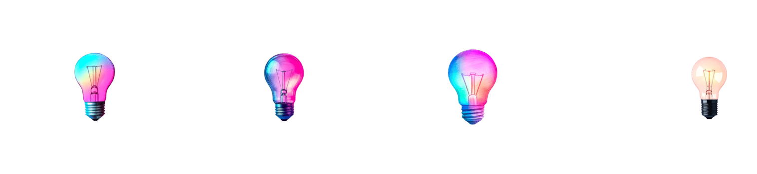 Lightbulbs illuminated with vibrant hues on a black background, cut out transparent png