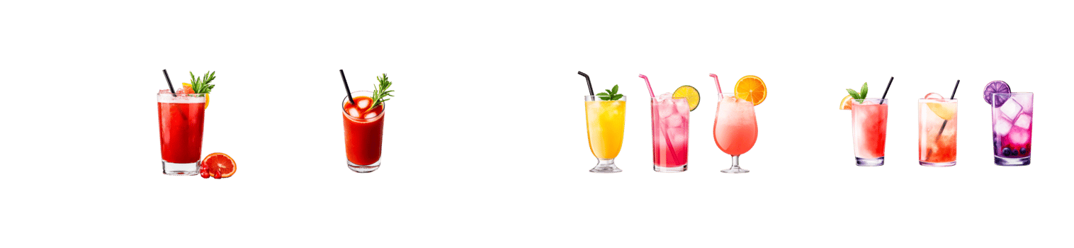 Refreshing colorful cocktail drinks collection, assorted, cut out transparent png