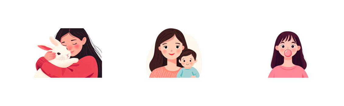 People with pets portraits and bubble gum girl, cut out transparent png