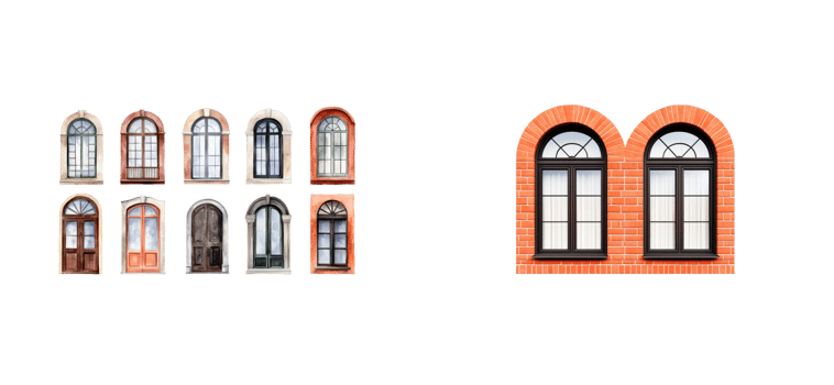 Diverse arches windows collection on black , cut out transparent png