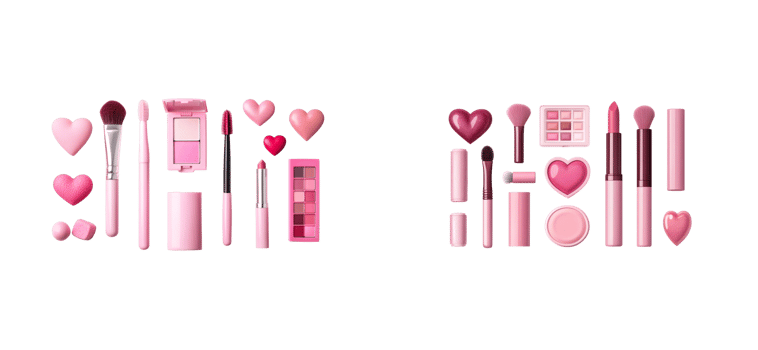 Pink makeup products on black background, cut out transparent png