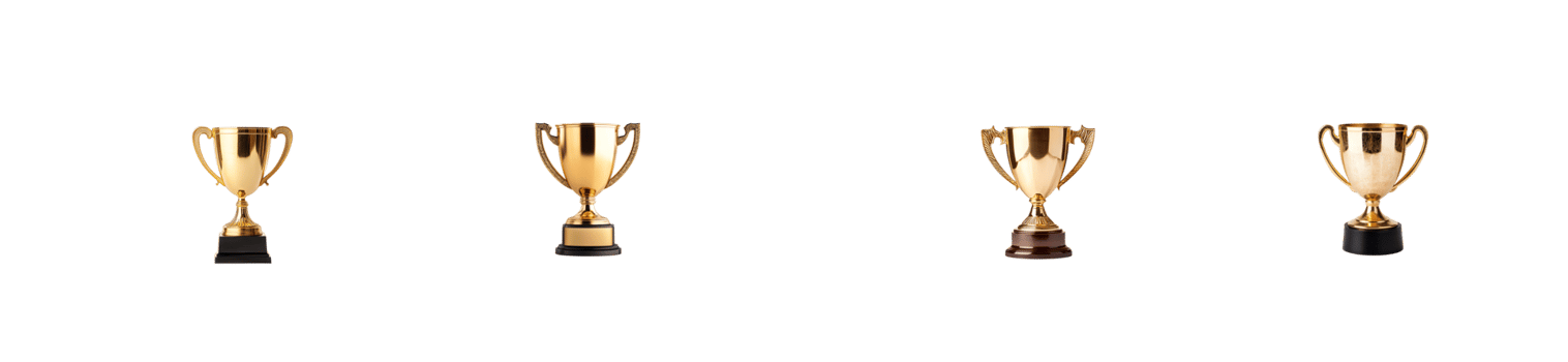 Four shiny gold trophies, success and achievement concept, cut out transparent png