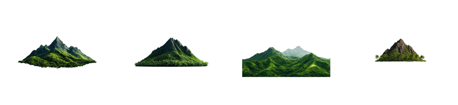 Volcanic mountains covered with green vegetation, cut out transparent png