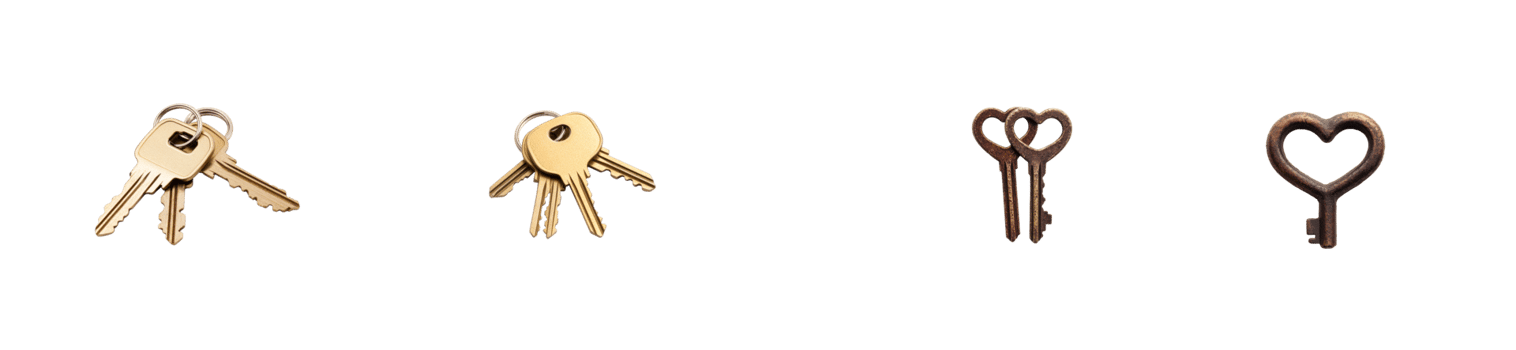 Assorted keys isolated on black background in banner format, cut out transparent png