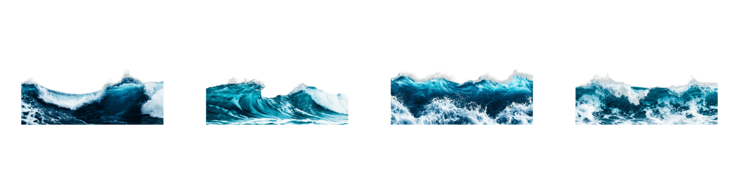 Foamy, ocean waves crashing, surging in a row on black background, cut out transparent png