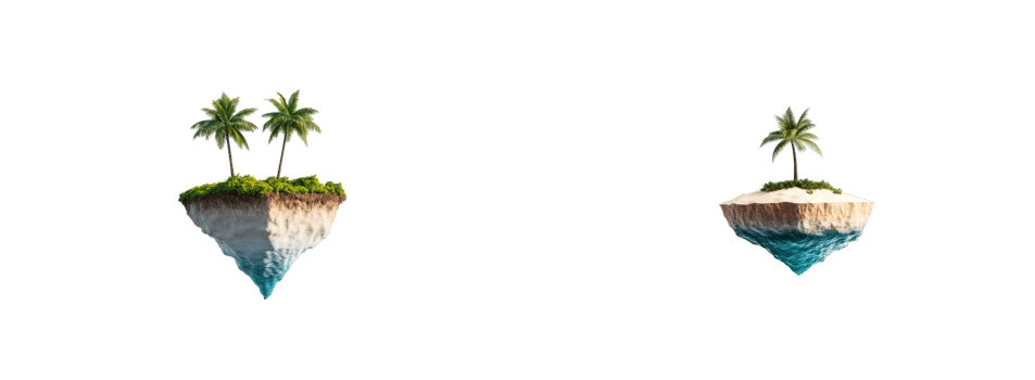 Tropical islands with palm trees, isolated in black, cut out transparent png
