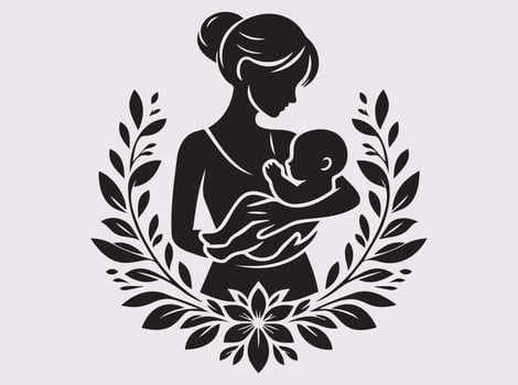 Beautiful Black Silhouette of a Mother Cradling Her Infant with Floral Design vector