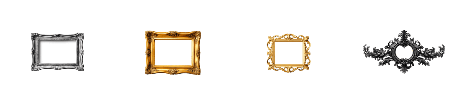 Four Antique Photo Frames of different styles and colors, cut out transparent png