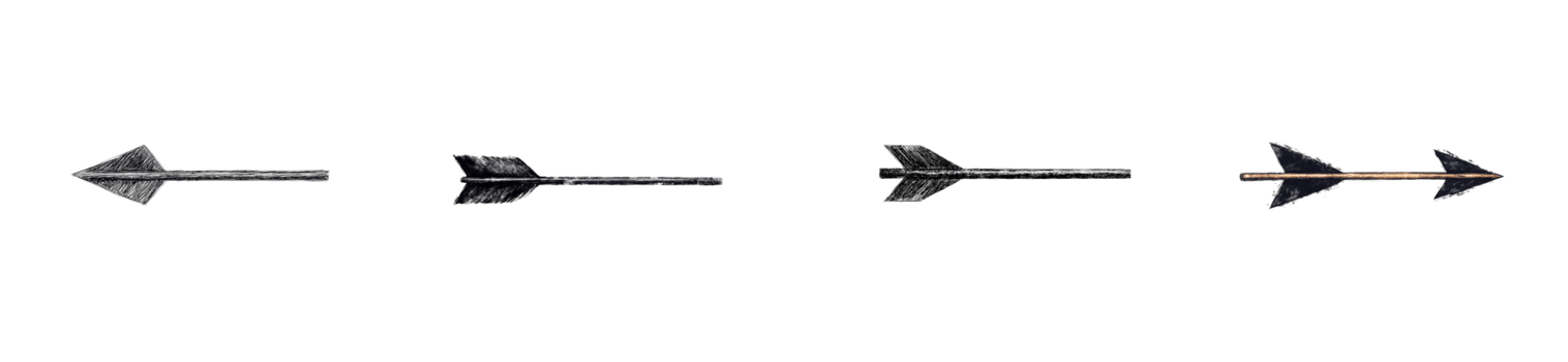 Four stylized arrows in the dark void. Isolated black arrows , cut out transparent png