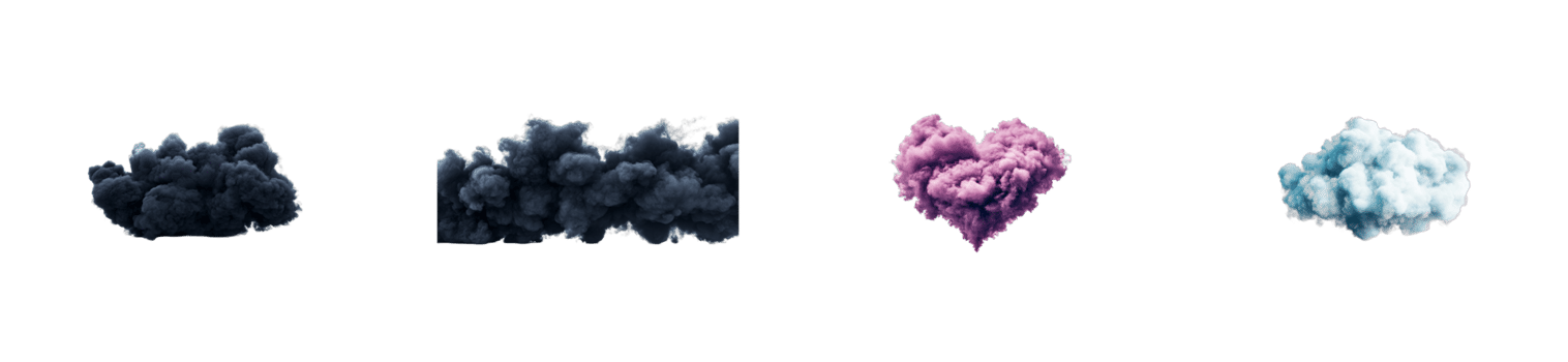 Collection of 4 abstract clouds in different colors, cut out transparent png