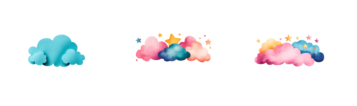 Clouds and stars in various color palettes and style, cut out transparent png