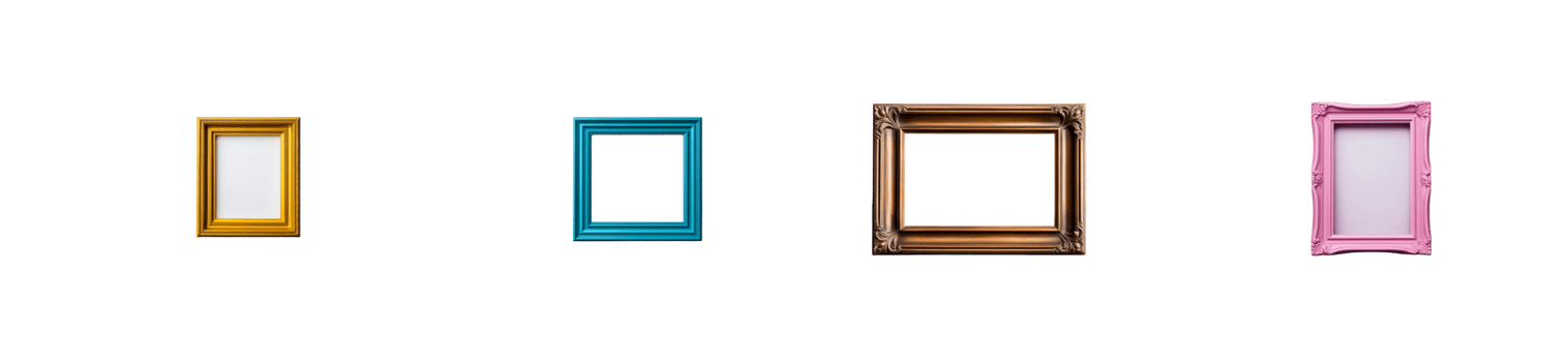 Collection of ornate picture frames in gold, blue, brown and pink, cut out transparent png