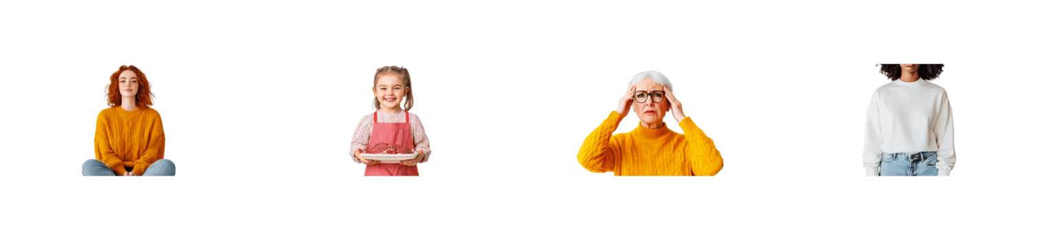 Four people different ages and emotion, studio shot, cut out transparent png