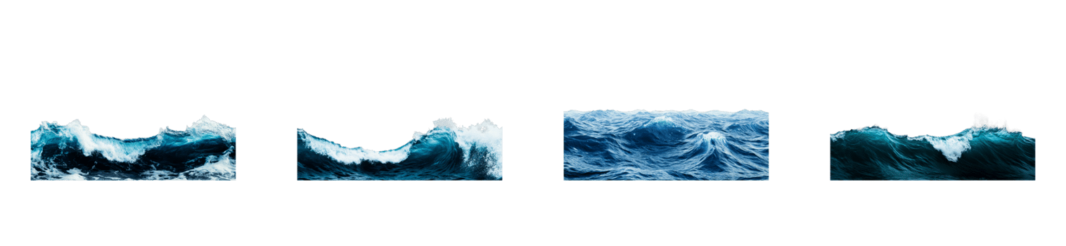 Ocean waves with white foam crests against black backdrop, cut out transparent png
