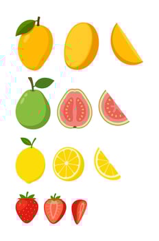Colorful Set of Whole and Sliced Fruits Including Mango, Guava, Lemon, Pear, and Strawberry in Flat Style vector