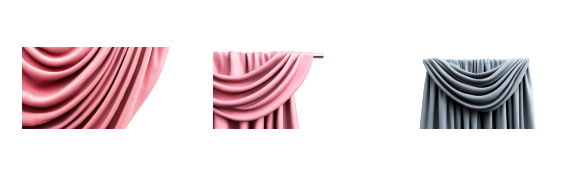 Draped fabric curtains set in different colors, cut out transparent png