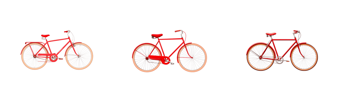 Retro red bicycles, multiple perspectives, black background, cut out transparent png